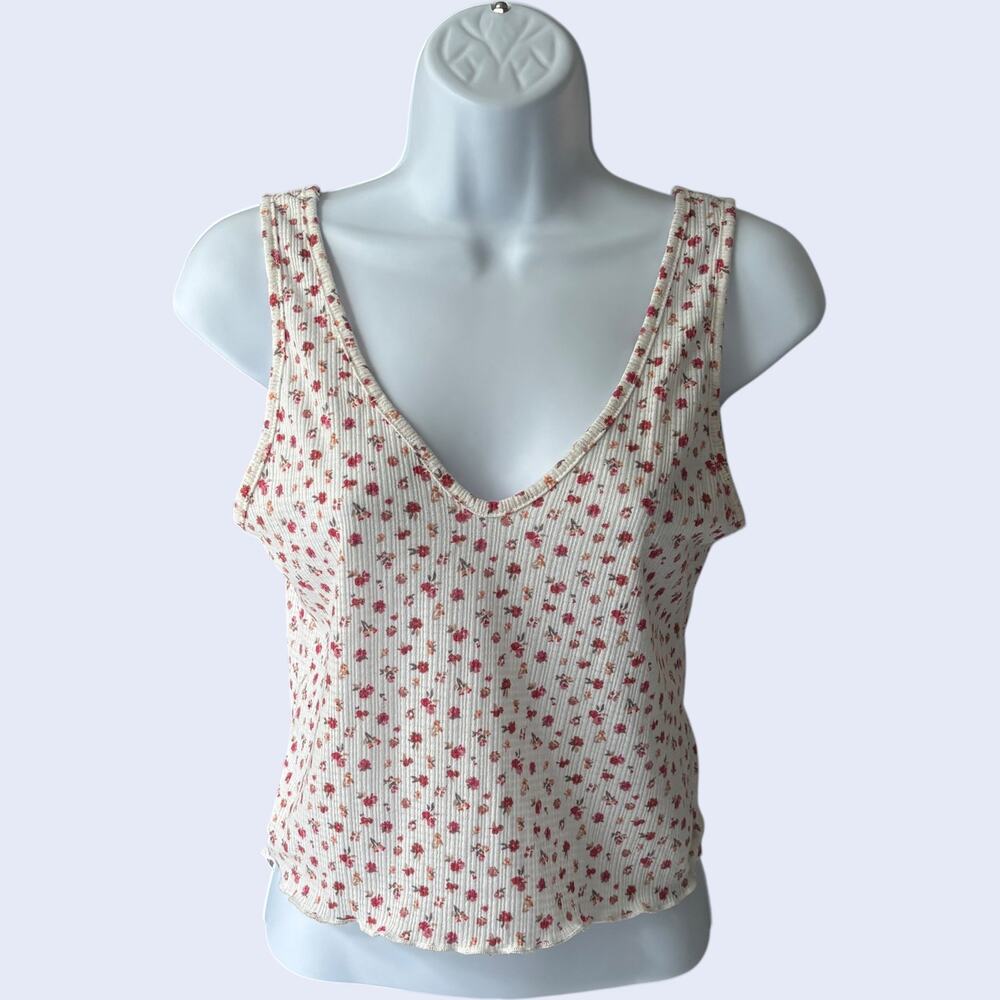 Unbranded M Y2K Coquette Ribbed Tank Top Cream Pink Floral Ditsy Cottagecore
